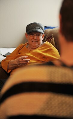 KNOB NOSTER, Mo. -- June Tripp, small cell cancer survivor, recounts stories of her experiences during cancer treatment, Feb. 19. June believes in the power of positive thinking and is grateful for the support of family, friends and community.  (U.S. Air Force photo/Heidi Hunt)