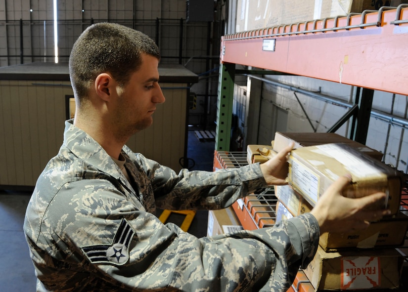 Senior Airman Michael Smith, 2nd Logistics Readiness Squadron Aircraft Parts Store, stocks aircraft parts on Barksdale Air Force Base, La., Feb. 27. The APS provides a supply point for maintainers who need parts to fix B-52H Stratofortress bombers. The parts range from windows, electronic components, wings and classified material. (U.S. Air Force photo/Airman 1st Class Andrew Moua)