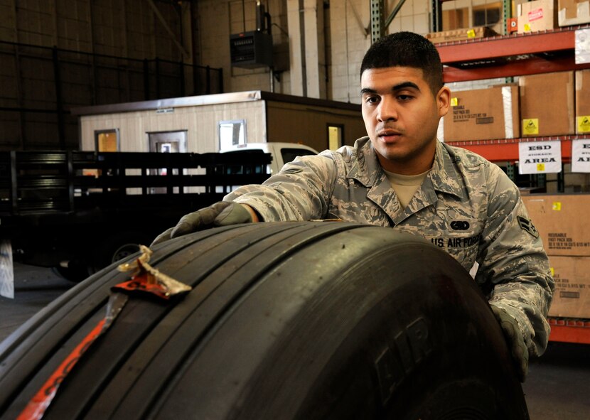 Airman 1st Class Eric Sanchez, 2nd Logistics Readiness Squadron Aircraft Parts Store, prepares to move a tire for shipment to the flightline on Barksdale Air Force Base, La., Feb. 27. With more than $28 million of assets in stock, the APS is responsible for ordering and issuing parts to maintainers who need them for repairs or in dire emergencies such as red-balls, situations where an aircraft is about to take off but a major maintenance problem occurs. (U.S. Air Force photo/Airman 1st Class Andrew Moua)