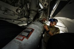 Airman 1st Class Mitchell Hogue, 437th Aircraft Maintenance Squadron crew chief, performs suspension maintenance during a post-flight inspection Feb. 26, 2013, at Joint Base Charleston - Air Base, S.C. Members of the 437th AMXS inspect, service and maintain C-17A aircraft to enable them to perform assigned global airlift missions ranging from combat support operations and humanitarian relief to aeromedical evacuations. (U.S. Air Force photo/ Senior Airman George Goslin)
