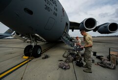 Airmen from the 437th Aircraft Maintenance Squadron check gear during a post-flight inspection Feb. 26, 2013, at Joint Base Charleston - Air Base, S.C. Members of the 437th AMXS inspect, service and maintain Globemaster III C-17A aircraft to enable them to perform assigned global airlift missions ranging from combat support operations and humanitarian relief to aeromedical evacuations. (U.S. Air Force photo/ Senior Airman George Goslin)
