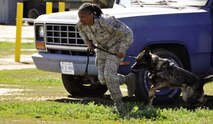 U.S. Air Force Staff Sgt. Natisha Johnson, military working dog handler, accompanied
by Firgo, MWD, dart into action during the Iron Dawg competition, held at the March Field Air Museum, Sunday, Feb. 17. The duo was required to search and clear several obstacles prior to advancing to the next level of competition. They were required to demonstrate their proficiency in tactical obedience, bite work, detection and endurance in order to win the honor of Top Dawg. (U.S. Air Force photo by Megan Crusher)