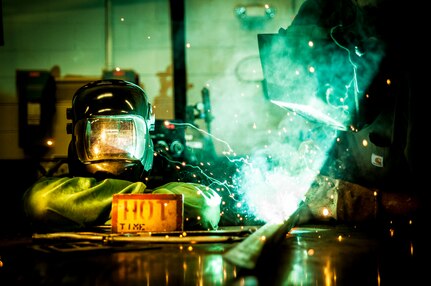 Airman 1st Class Tashma Antoine, 437th Maintenance Squadron aircraft metals apprentice, works with several machines in the shop to fabricate metal. Antoine is assigned to the aircraft metals fabrication shop and is trained to use several different pieces of equipment to bend, cut and combine metals. Antoine is originally from Fort Myers, Fla. (U.S. Air Force photo/ Senior Airman Dennis Sloan)