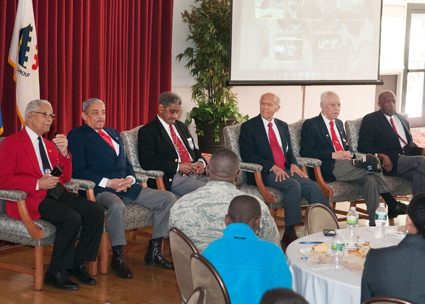 HANSCOM AIR FORCE BASE, Mass. -- (left to right) Retired Col. Charles McGee, Howard Carter, William Vickers, Dr. Harold May, Harvey Sanford and Enoch Woodhouse answer questions from attendees at the African American Heritage Month luncheon at the Minuteman Commons on Feb. 21. McGee, an original Tuskegee Airman, served as the guest speaker during the “At the Crossroads of Freedom and Equality: The Emancipation Proclamation and the March on Washington” luncheon. (U.S. Air Force photo by Rick Berry)