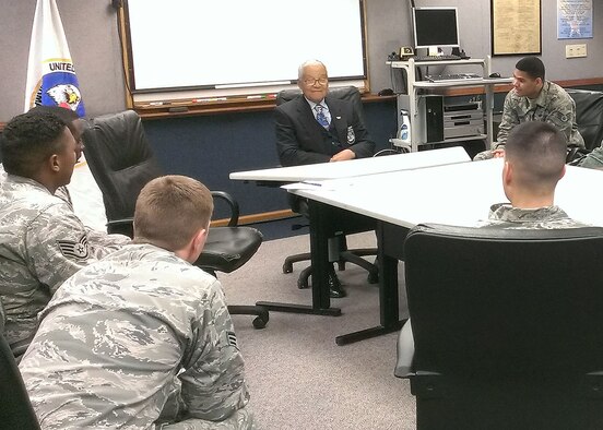 HANSCOM AIR FORCE BASE, Mass. -- Retired Col. Charles McGee speaks to members of the 66th Security Forces Squadron and Airman Leadership School instructors about his experiences in the Air Force and provided advice on leading Airman Feb. 21. McGee, an original Tuskegee Airman, enlisted in the Air Force in 1942 and retired in 1973. (Courtesy photo)