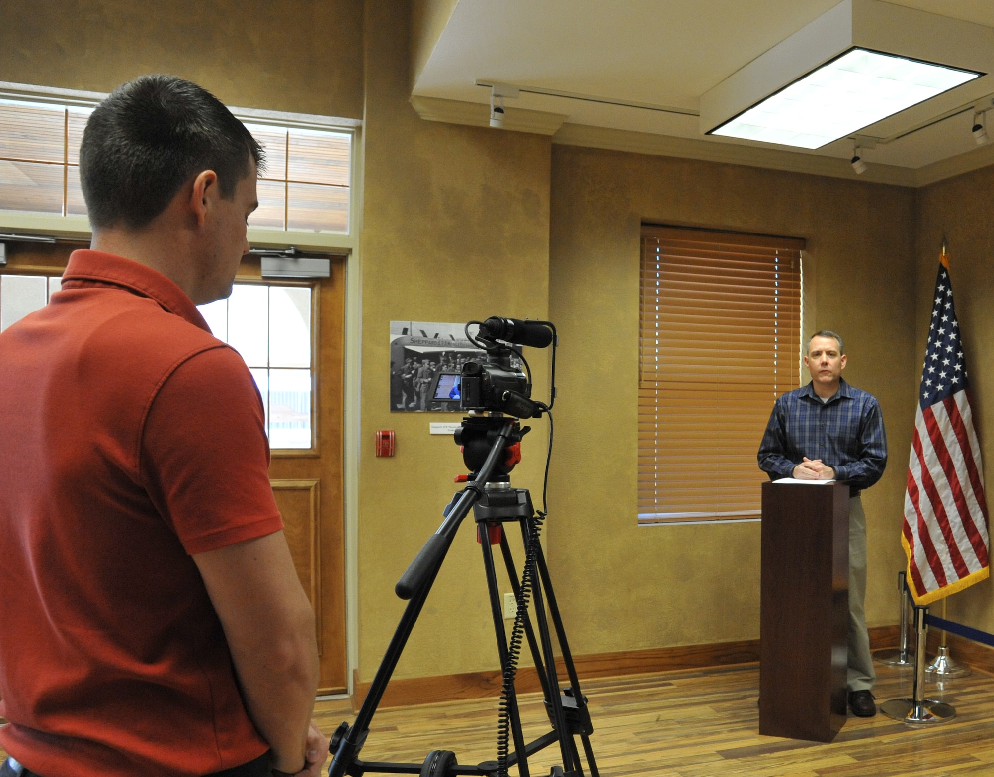 Dan Hawkins, Josh Wilson and several other Public Affairs representatives conducted a press conference at the Heritage Center that was part of an active shooter exercise on Feb. 26. (U.S. Air Force Photo/Kimberly Parker)
