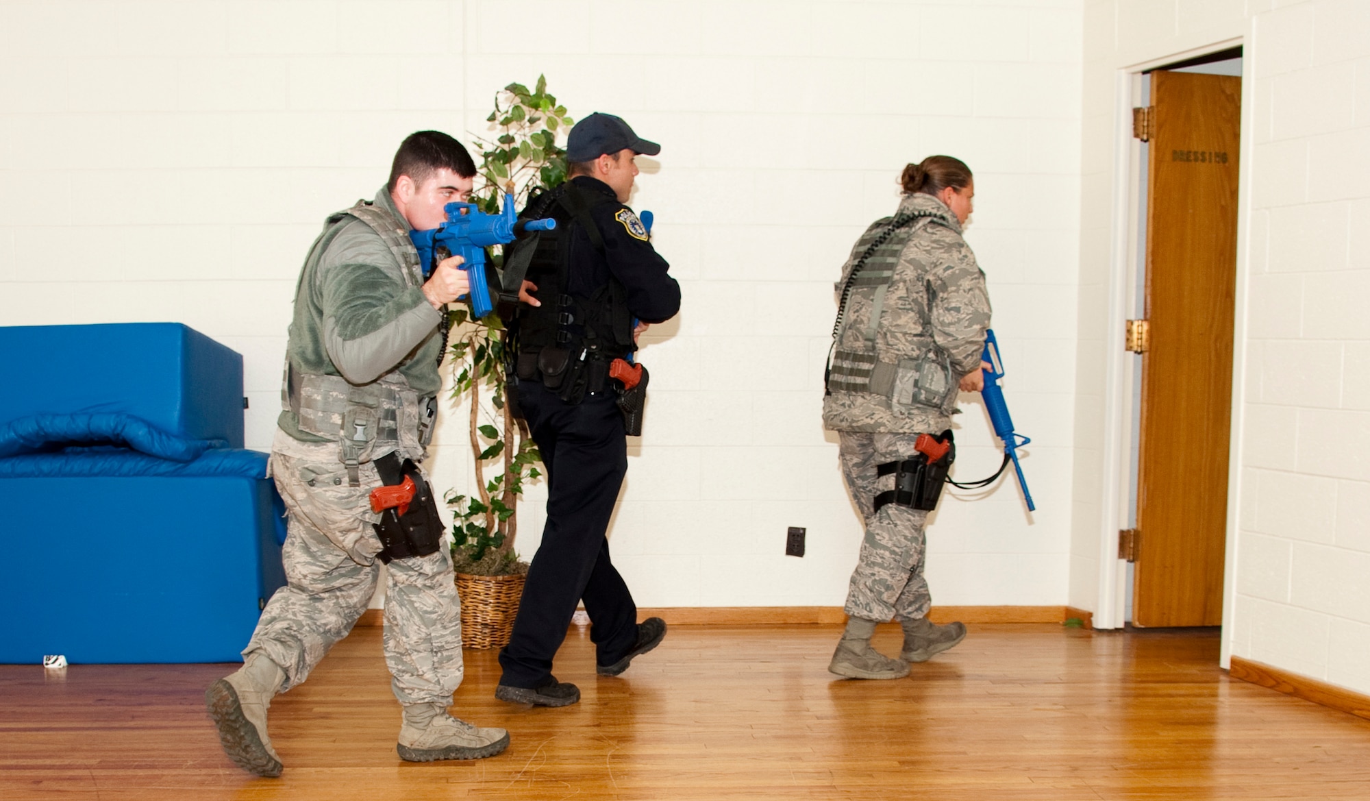 During a training exercise on Feb. 26, members of the 82nd Security Forces Squadron responded to a threat where an armed individual had opened fire at the South Chapel. (U.S. Air Force Photo/Danny Webb)  