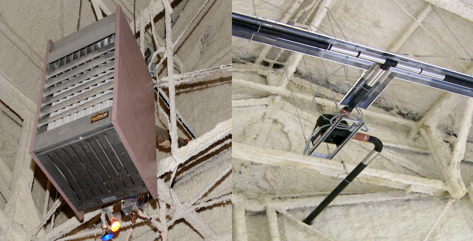 Forced air unit heaters (left) in the South Dakota Air and Space Museum are being replaced with infrared heaters (right) during a renovation project by MDU Resources in Box Elder, S.D., Feb. 26, 2013. The 28th Civil Engineer Squadron worked alongside regional partners to complete the project, expected to save the SDASM approximately $6,500 per month. (U.S. Air Force photo illustration by Airman Ashley J. Thum/Released)