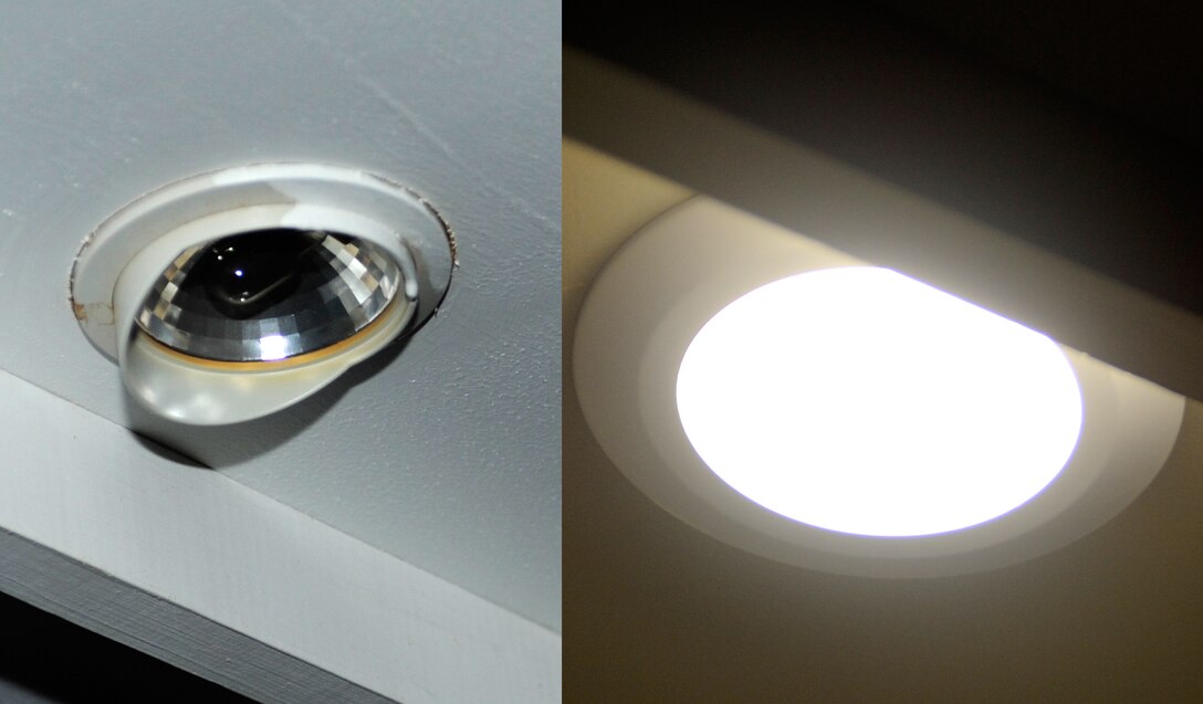 Every existing display case light (left) will be replaced with LED lights (right) in the South Dakota Air and Space Museum in Box Elder, S.D., Feb. 26, 2013. All other light fixtures in the SDASM will also be converted to LED lights as part of a pilot project funded by MDU Resources, and executed in part by the 28th Civil Engineer Squadron. (U.S. Air Force photo illustration by Airman Ashley J. Thum/Released)