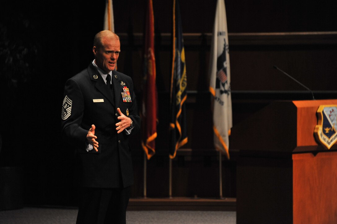 Chief Master Sgt. of the Air Force James Cody challenges the class of the Air Force Senior NCO Academy graduates to take care of their Airmen and their families during his speech at the graduation ceremony Feb. 26. (U.S. Air Force photo by Airman 1st Class William Blankenship)