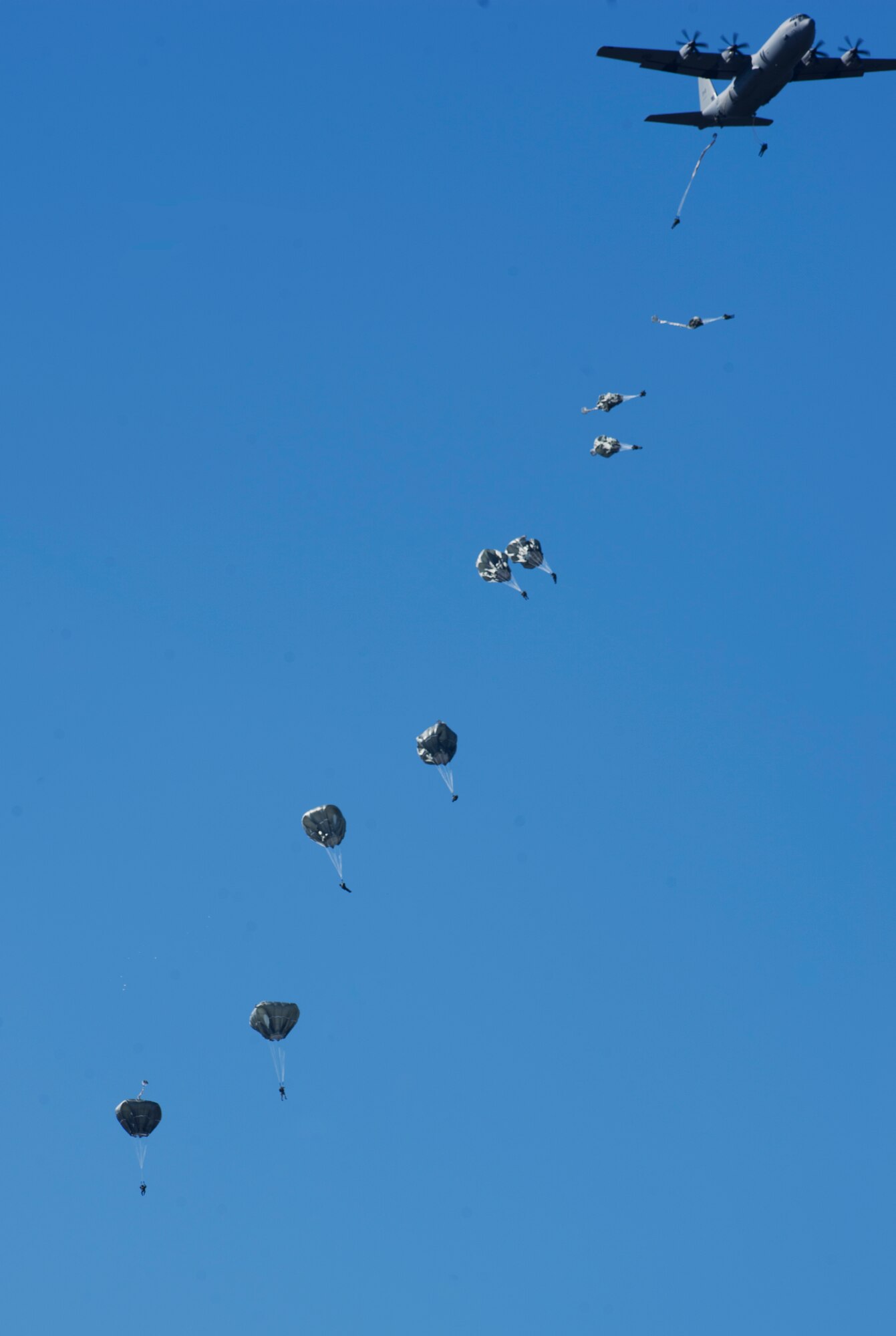 U.S. Soldiers with the 82nd Airborne Division conduct a static line airdrop from an Air Force C-130J Hercules aircraft during Joint Operational Access Exercise (JOAX) 13-2 at Camp Mackall, N.C., Feb. 24, 2013. A JOAX is designed to enhance cohesiveness between U.S. Army, Air Force and allied personnel, allowing the services an opportunity to properly execute large-scale heavy equipment and troop movement. (U.S. Air Force photo by Airman 1st Class Kyle Russell/Released)
