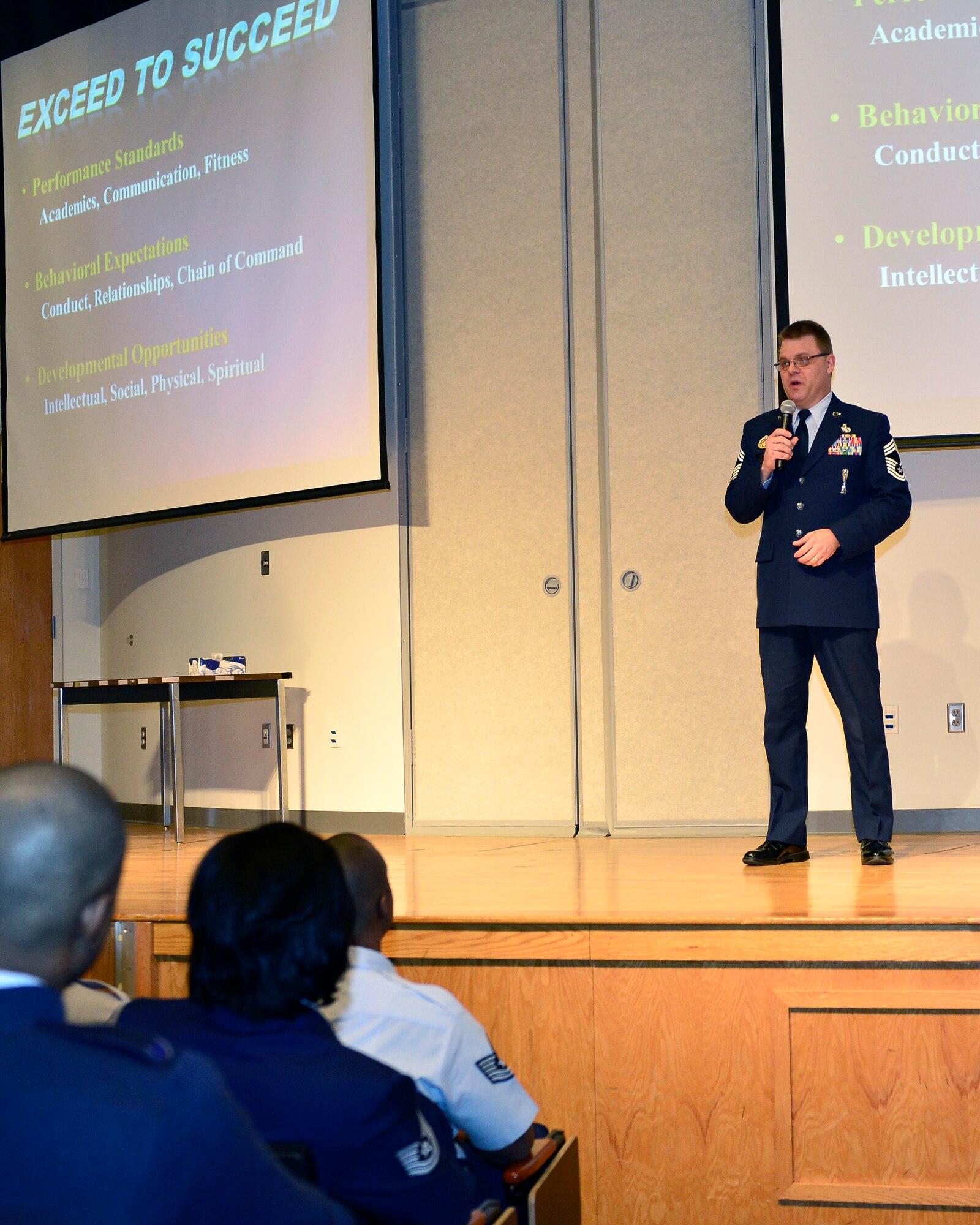 Chief Master Sgt. Donald E. Felch, commandant of the Paul H. Lankford Professional Military Education Center addresses 268 Air Force technical sergeants and international students attending Noncommissioned Officer Academy Feb. 26 at McGhee Tyson Air National Guard Base, Tenn. (National Guard photo by Master Sgt. Kurt Skoglund/Released)