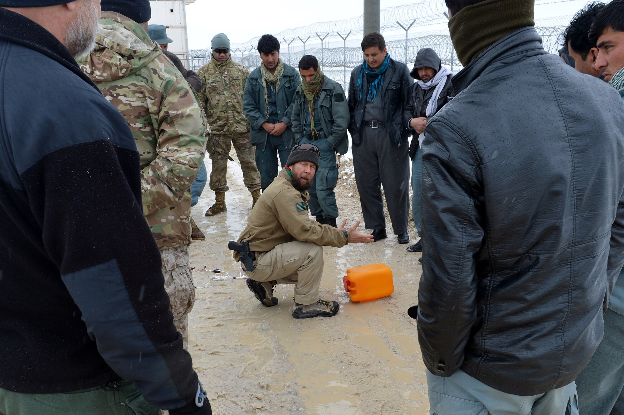 Members of the Afghan National Police practice counter-improvised explosive device awareness tactics at Bagram Airfield, Afghanistan, Feb. 27, 2013.  The training was operated under the auspices of Task Force-Paladin, with a mix of U.S. Air Force, Army and civilian instructors.  (U.S. Air Force photo/Senior Airman Chris Willis)