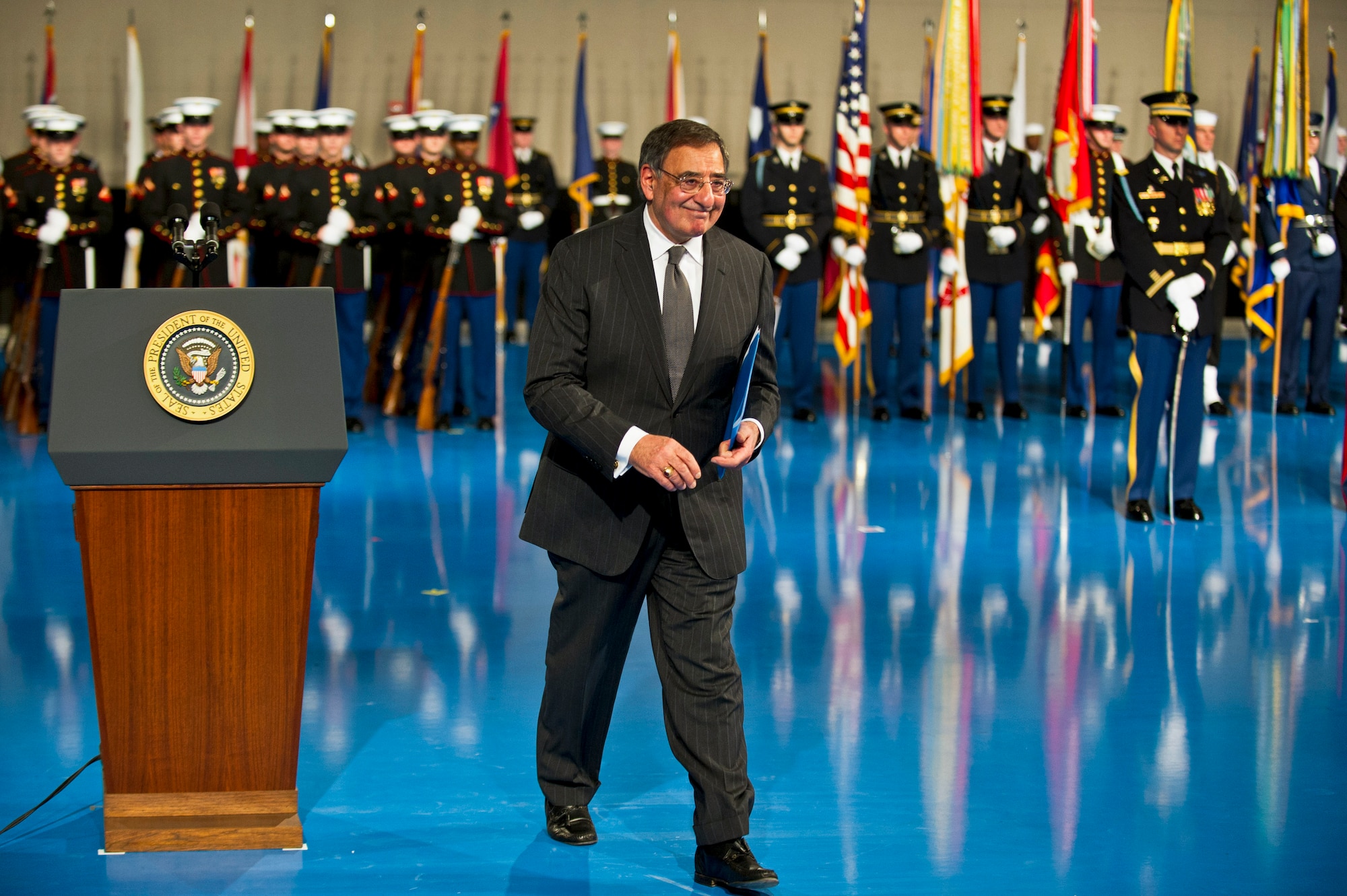 Defense Secretary Leon E. Panetta walks away from the podium after giving his remarks during an armed forces farewell tribute in his honor on Joint Base Myer-Henderson Hall, Va., Feb. 8, 2013. Panetta is stepping down as the 23rd defense secretary. (U.S. Army photo by Staff Sgt. Teddy Wade)