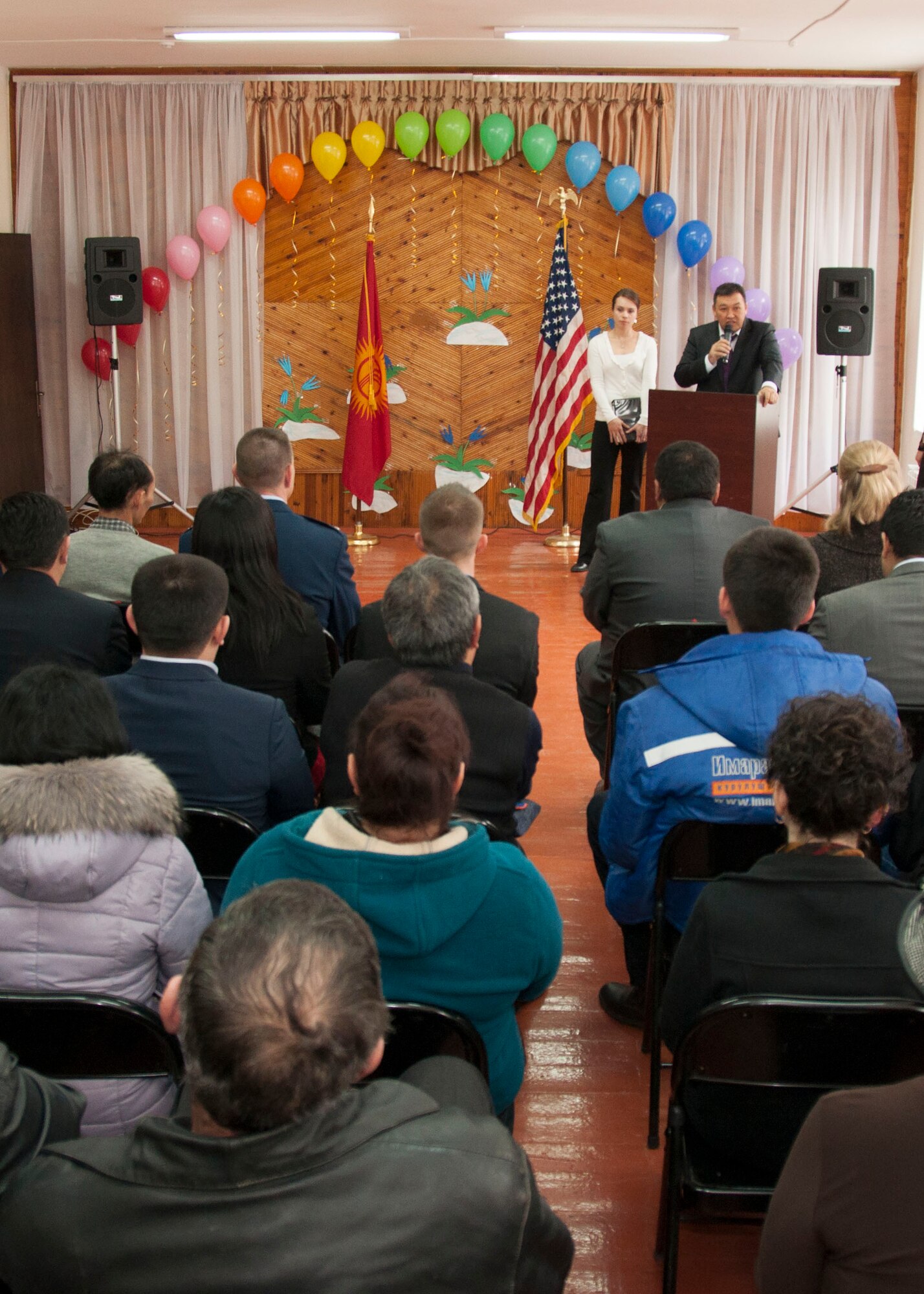 Sakkaraey Mars Namurbekovich, head of Alanudun Regional Governmental Administration, speaks during a dedication ceremony to celebrate renovations at the Vasilievskoe Kindergarten School in Vasilievskoe, Kyrgyzstan, Feb. 26, 2013. The Transit Center at Manas recently completed a $258,000 humanitarian assistance project to renovate the entire school. Some of the improvements included new electric heaters and a water pump, as well as repairs to the roof. (U.S. Air Force photo/Tech. Sgt. Rachel Martinez)