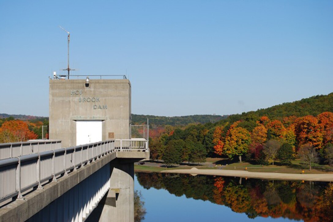 Hop Brook Lake Dam is part of a network of seven flood control reservoirs built by the Corps of Engineers in the Naugatuck River Basin. (U.S. Army Corps of Engineers photo)
