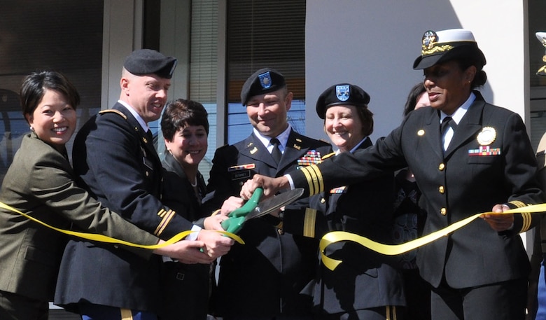 From left to right: Janet Chin, representative from the office of Sen. Dr. Ed Hernandez; Lt. Col. Scott Peterson, commander of the Army’s Los Angeles Recruiting Battalion; Debra Mehndelson, a representative from LA supervisor Michael Antonovich’s office, Lt. Col. Alex Deraney, deputy commander of the LA District; Maj. Gen. Megan Tatu, Commanding General of the 79th Sustainment Support Command; and Navy Commander Michelle D. Carter, commanding officer of Navy Recruiting District Los Angeles, cut the ribbon commemorating the grand opening of the joint recruiting center in El Monte, Ca., Feb. 26.