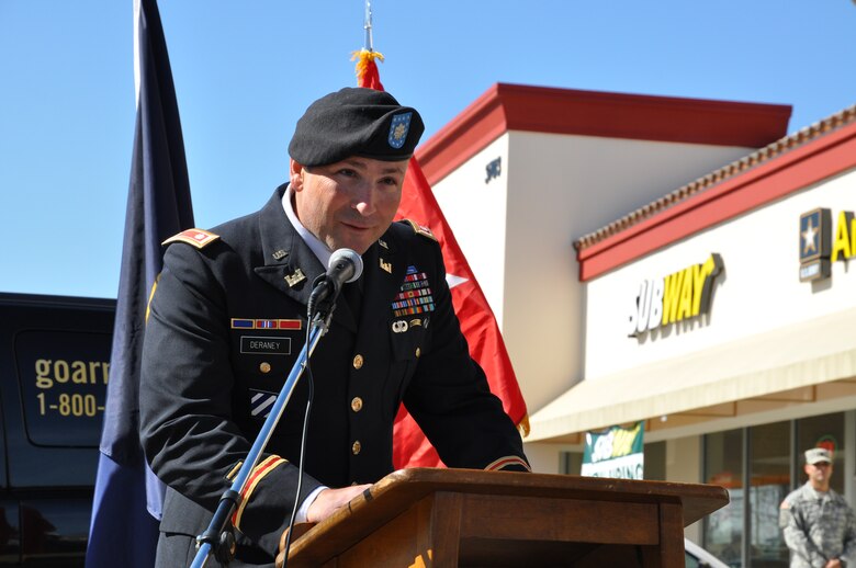 Lt. Col. Alex Deraney, deputy commander of the Corps of Engineers' Los Angeles District, addresses attendees of the grand opening ceremony for the El Monte Recruiting Center Feb. 26.  The district's Asset Management Division worked in concert with the recruiting services for the site selection, leasing, design, build-out, and faclity lease life cycle maintenance.