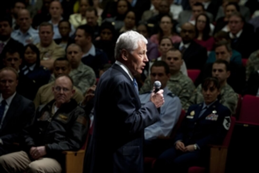 Secretary of Defense Chuck Hagel addresses Pentagon employees and service members during an all hands call on Hagel's first day at the Pentagon, on Feb. 27, 2013. Hagel earlier took the oath of office to serve as the 24th secretary of defense.  