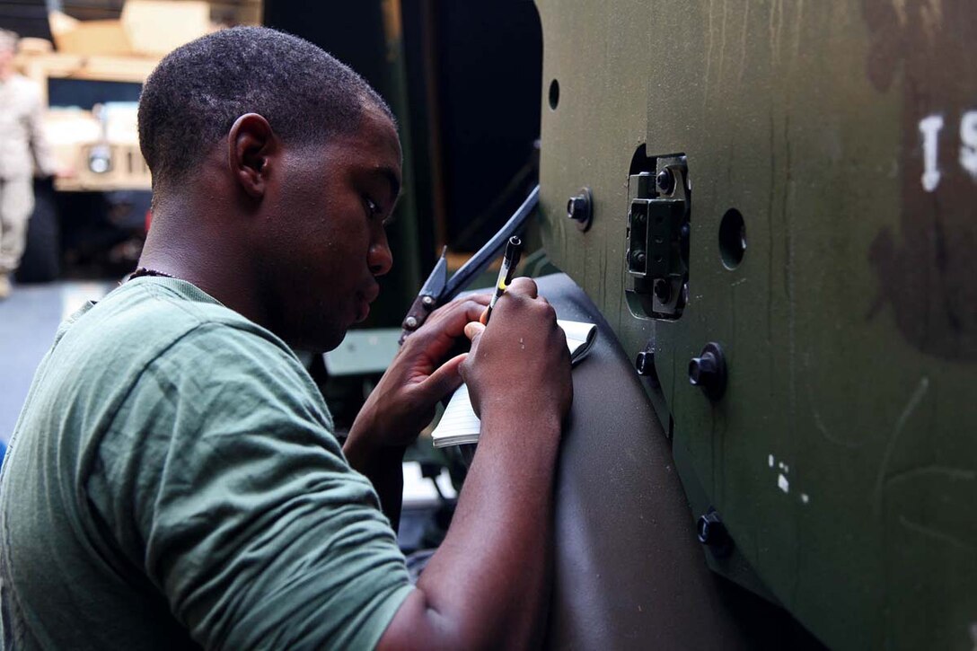 Lance Cpl. Oswald Lewis, motor transportation operator, Transportation Support Detachment, Combat Logistics Battalion 15, 15th Marine Expeditionary Unit, conducts monthly preventative maintenance checks on a seven-ton truck in the well-deck of the USS Rushmore, Feb. 19. The 15th MEU is deployed as part of the Peleliu Amphibious Ready Group as a U.S. Central Command theater reserve force, providing support for maritime security operations and theater security cooperation efforts in the U.S. 5th Fleet area of responsibility. (U.S. Marine Corps photo by Cpl. Timothy R. Childers/ Released)
