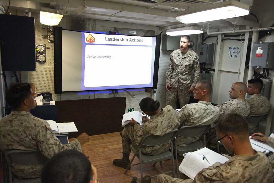 Sergeant Angelo StJohn,  gun chief, 2nd Platoon, Battery B, Battalion Landing Team 3/5, 15th Marine Expeditionary Unit, teaches a leadership class during a Corporals Course aboard the USS Rushmore, Feb. 22. The 15th MEU is deployed as part of the Peleliu Amphibious Ready Group as a U.S. Central Command theater reserve force, providing support for maritime security operations and theater security cooperation efforts in the U.S. 5th Fleet area of responsibility. (U.S. Marine Corps photo by Cpl. Timothy R. Childers/ Released)