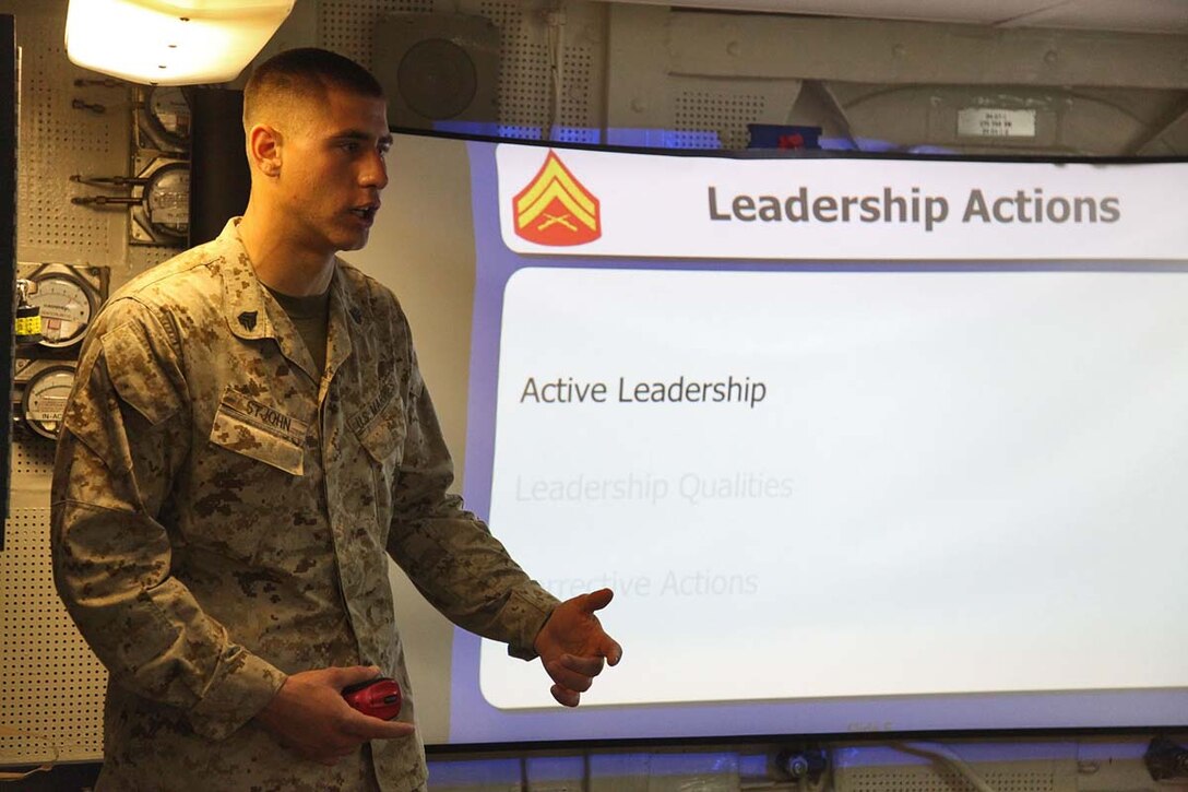 Sergeant Angelo StJohn,  gun chief, 2nd Platoon, Battery B, Battalion Landing Team 3/5, 15th Marine Expeditionary Unit, teaches a leadership class during a Corporals Course aboard the USS Rushmore, Feb. 22. The 15th MEU is deployed as part of the Peleliu Amphibious Ready Group as a U.S. Central Command theater reserve force, providing support for maritime security operations and theater security cooperation efforts in the U.S. 5th Fleet area of responsibility. (U.S. Marine Corps photo by Cpl. Timothy R. Childers/ Released)