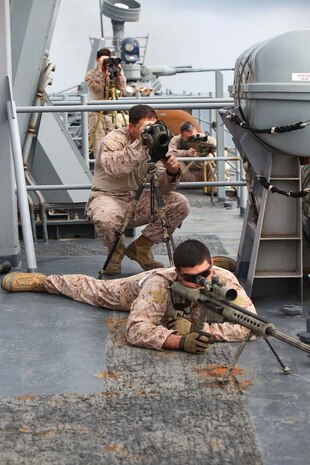 Marines assigned to Scout Sniper Platoon, Weapons Company, Battalion Landing Team 3/5, 15th Marine Expeditionary Unit, sight in on a target while conducting Maritime Interoperability Training aboard the USS Rushmore, Feb. 25. The 15th MEU is deployed as part of the Peleliu Amphibious Ready Group as a U.S. Central Command theater reserve force, providing support for maritime security operations and theater security cooperation efforts in the U.S. 5th Fleet area of responsibility. (U.S. Marine Corps photo by Cpl. Timothy R. Childers/Released)