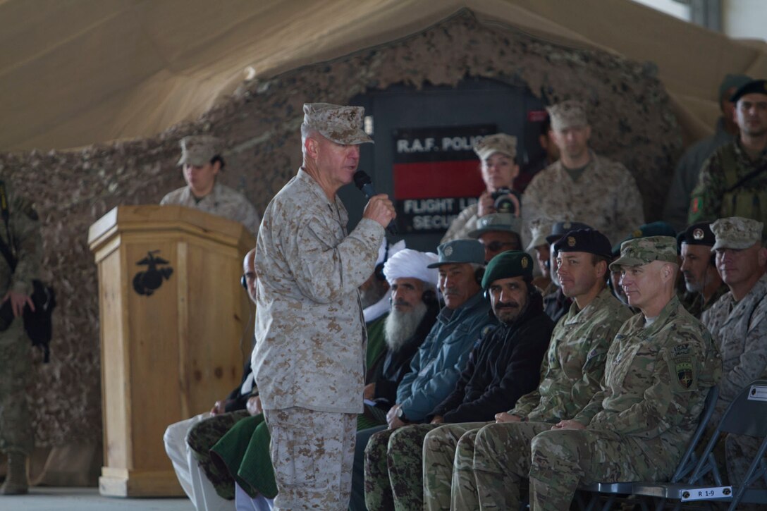 U.S. Marine Corps Maj. Gen. Charles M. Gurganus, commanding general of I Marine Expeditionary Force (Forward) gives a speech during the transfer of authority ceremony to II MEF (FWD) at Camp Leatherneck, Helmand province, Afghanistan, Feb. 28, 2013. The I MEF (FWD) redployed back to Camp Pendleton, Calif., after a year of fighting the insurgency and transitioning the fight to Afghan-led operations. (U.S. Army photo by Bill Putnam/Released)