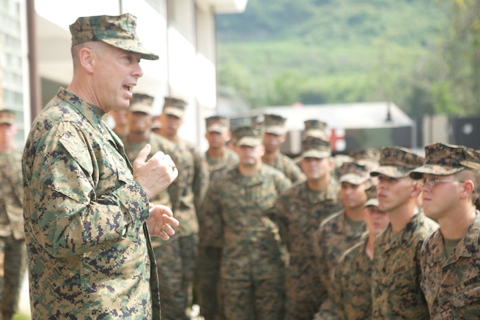 Maj. Gen. Peter J. Talleri speaks to members of 3rd Marine Logistics Group Feb. 22 in Sattahip, Chonburi province, Kingdom of Thailand, during exercise Cobra Gold 2013. Talleri praised the Marines’ work and discussed the overall importance of the exercise. Talleri is the commanding general of Marine Corps Installations Pacific. 3rd MLG is part of III Marine Expeditionary Force. CG 13, in its 32nd iteration, is the largest multinational exercise in the Asia-Pacific region and demonstrates commitment to building interoperability with participating nations and to supporting peace and stability in the region.