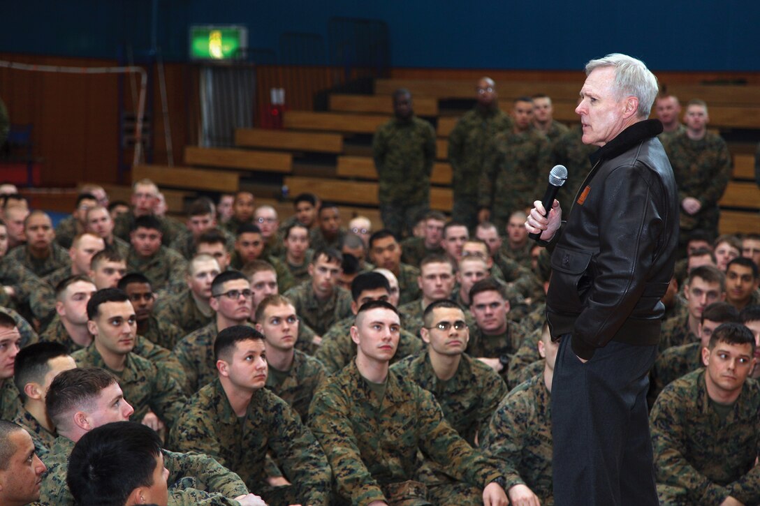 Secretary of the Navy Ray Mabus talks with Marines and sailors Feb. 20 at Combined Arms Training Center Camp Fuji. During his visit, Mabus discussed potential impacts of sequestration, the ongoing drawdown of U.S. forces and the importance of the U.S. military’s presence and activities throughout the Asia-Pacific region. 