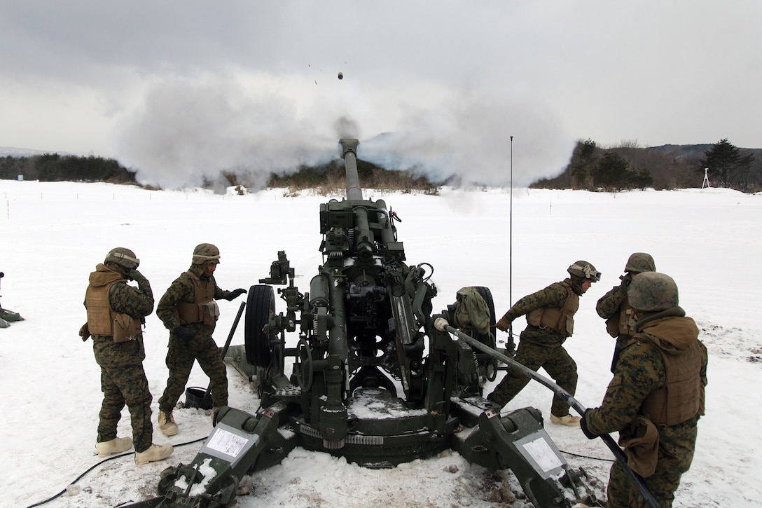 North Carolina-based Marines with Alpha Battery fire an M777A2 155 mm howitzer Feb. 19 during Artillery Relocation Training Program 12-4 at the Ojojihara Maneuver Area in Miyagi prefecture, Japan. Alpha Battery is part of 1st Battalion, 10th Marine Regiment, 2nd Marine Division, II Marine Expeditionary Force, and is currently assigned to 3rd Battalion, 12th Marine Regiment, 3rd Marine Division, III MEF under the unit deployment program. 