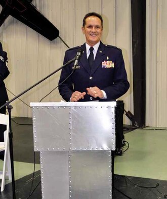 Col. Robert Weisenberger, 452d Medical Group commander, says farewell to his military family and friends Sunday, Feb. 24, 2013, during his retirement ceremony at the March Field Air Museum. Weisenberger, whose career spans 28 years as a traditional reservist from Norton Air Force Base to March Air Reserve Base, served in Operations Desert Shield, Desert Storm, Noble Eagle and Enduring Freedom. (U.S. Air Force photo by Staff Sgt. Carrie Peasinger)