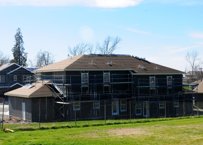 Balfour Beatty contractors work on finishing houses currently under construction for a privatization project at Beale Air Force Base, Calif., Feb. 26, 2013. The project is set for completion in the summer of 2013. (U.S. Air Force photo by Senior Airman Allen Pollard/Released)
