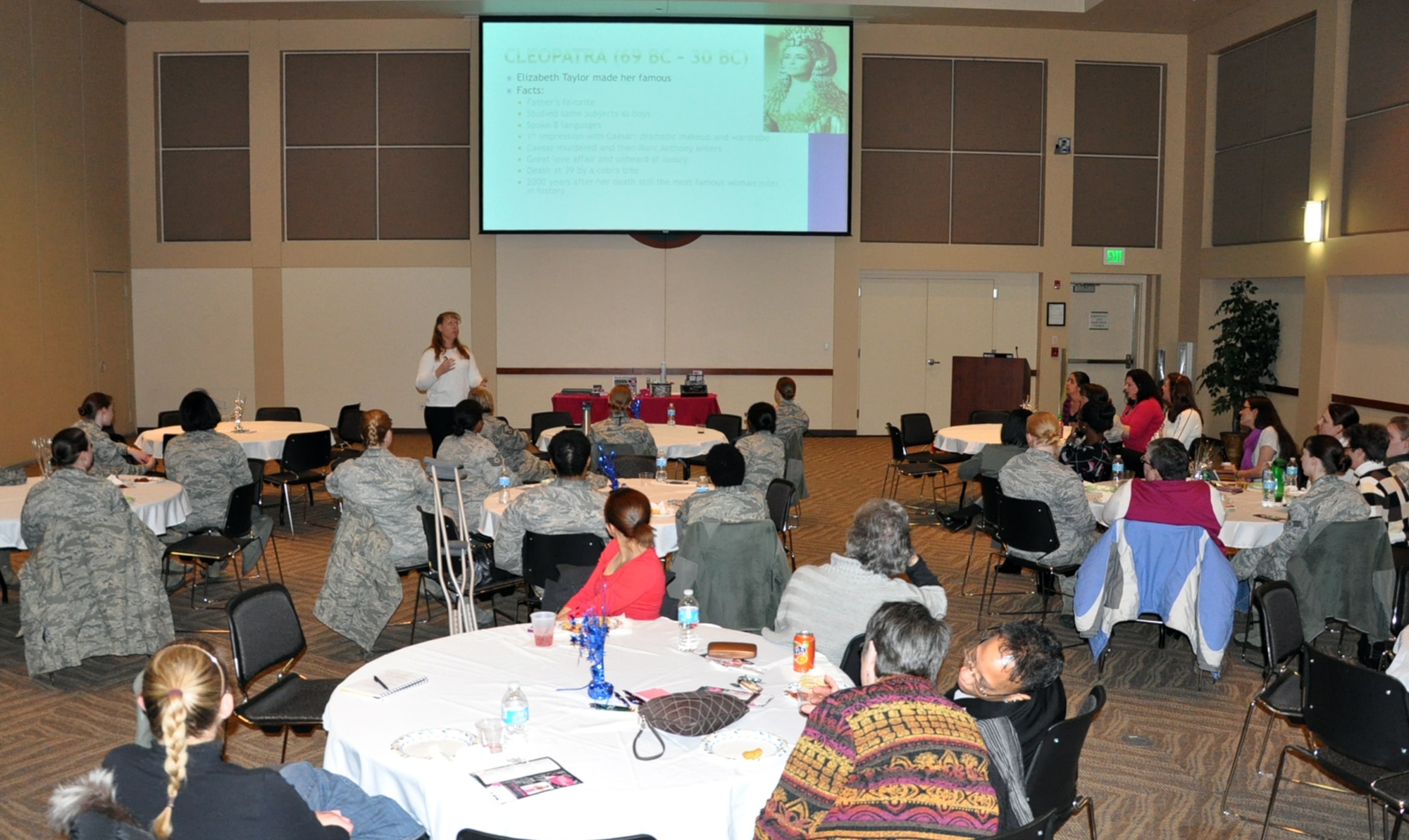 Col. DeAnna Burt, 460th Operations Group commander, discusses women in history during the Ladies’ Empowerment Social and Book Club event Feb. 27, 2013, at the Leadership Development Center, Buckley Air Force Base, Colo. Burt also highlighted women who made Air Force history. Approximately 40 women attended the event. (U.S. Air Force photo by Staff Sgt. Kali L. Gradishar/Released)