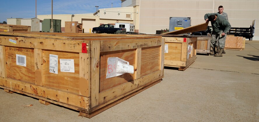 Staff Sgt. Alejandro Fernandez, 2nd Maintenance Squadron, and Airman 1st Class Frederick Ross, 2nd Logistics Readiness Squadron, inspect B-52H Stratofortress engine and body cowlings on Barksdale Air Force Base, La., Feb. 28. The inspection makes sure the proper pieces and parts are present for shipping to Tinker Air Force Base, Okla., for repairs. (U.S. Air Force photo/Airman 1st Class Andrew Moua)