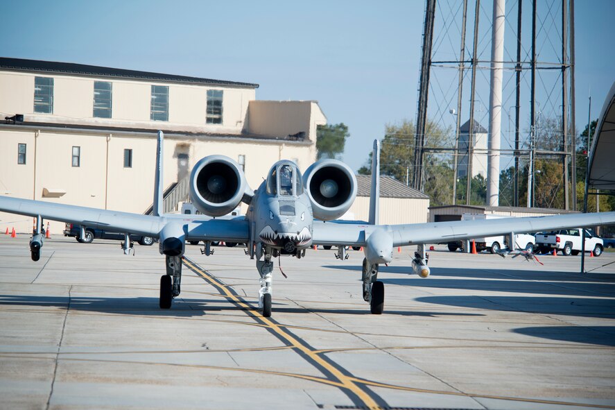 An A-10C Thunderbolt II makes its way to a hardened aircraft shelter after a flying mission during a phase II operational readiness exercise Feb. 28, 2013, at Moody Air Force Base, Ga. OREs test and evaluate the 23d Wing’s ability to meet wartime tasks within a deployed location. (U.S. Air Force photo by Staff Sgt. Jamal D. Sutter/Released)