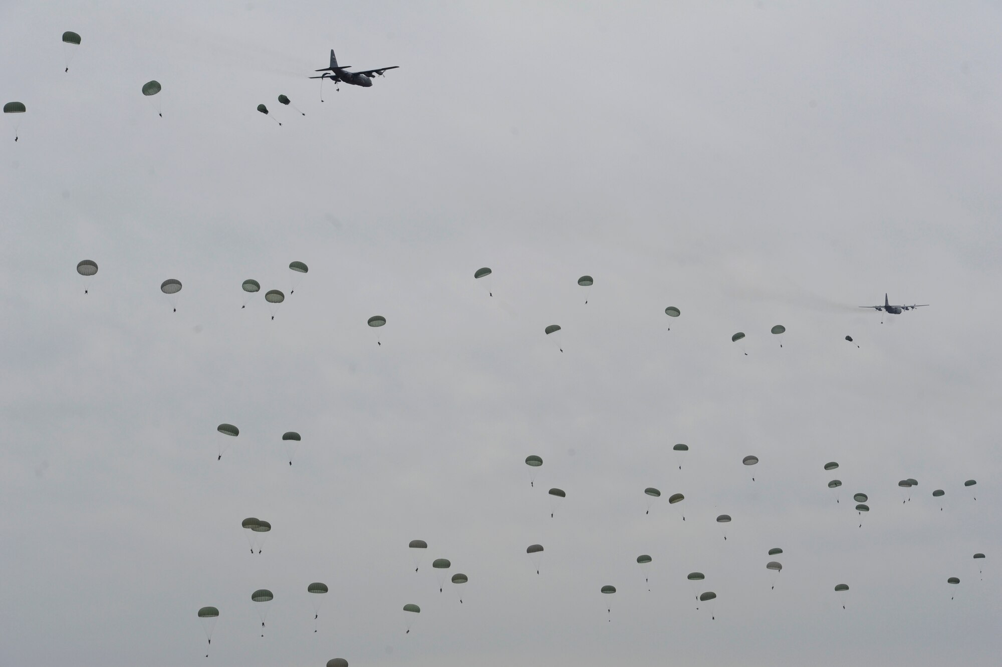 U.S. Army Soldiers from the 82nd Airborne Division conduct a static-line airdrop from a U.S. Air Force C-130 Hercules during Joint Operational Access Exercise (JOAX) 13-02 at Sicily drop zone, Feb. 25, 2013, Fort Bragg, N.C. The JOAX 13-02 is a combined joint training exercise designed to prepare elements of the 82nd Airborne Division, along with its partners and enablers, to respond as part of the Global Response Force (GRF). (U.S. Air Force photo/Senior Airman Matthew B. Fredericks)