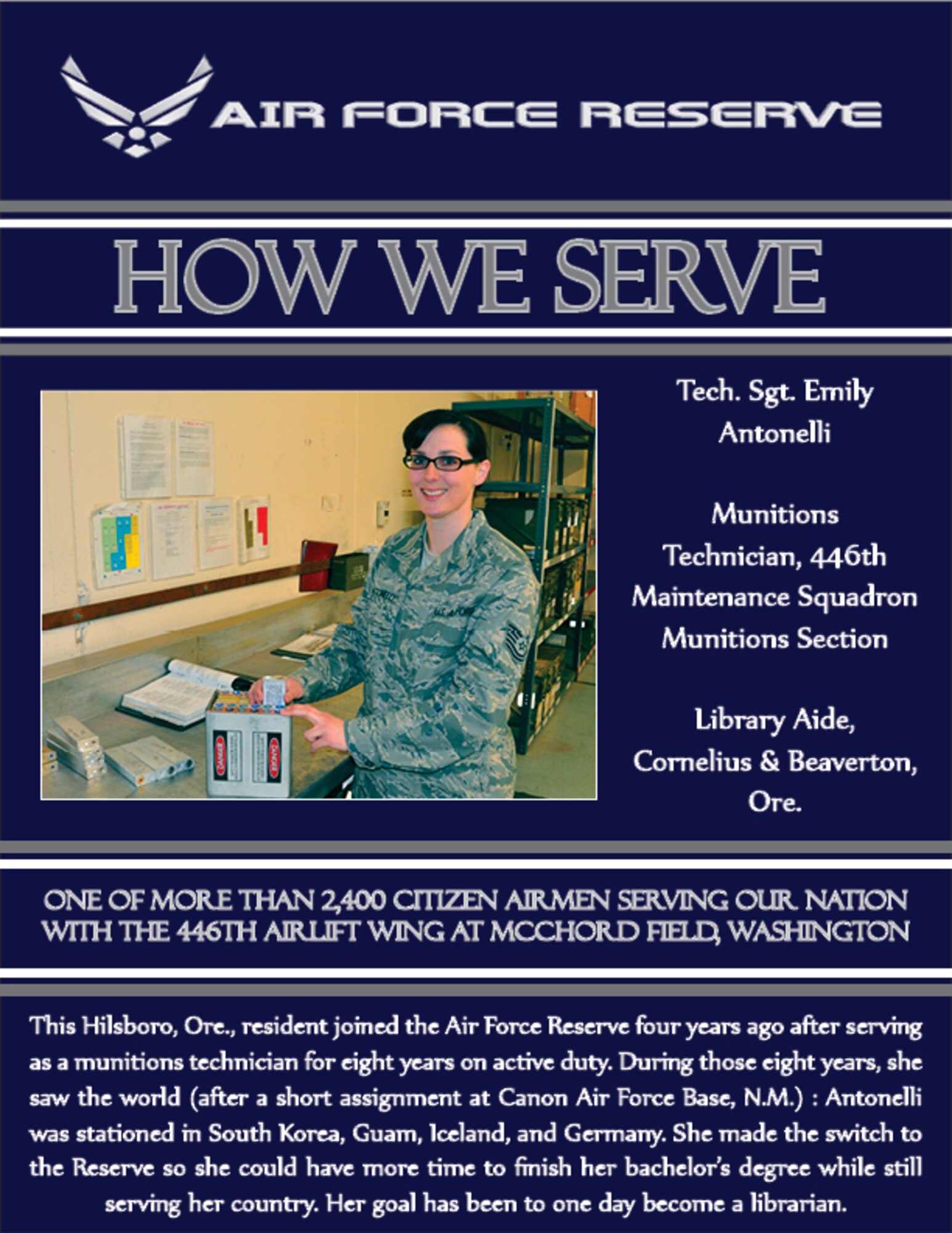 One of more than 2,400 Citizen Airmen serving our nation with the 446th Airlift Wing at McChord Field, Wash. (U.S. Air Force Graphic/ Staff Sgt. Rachael Garneau)