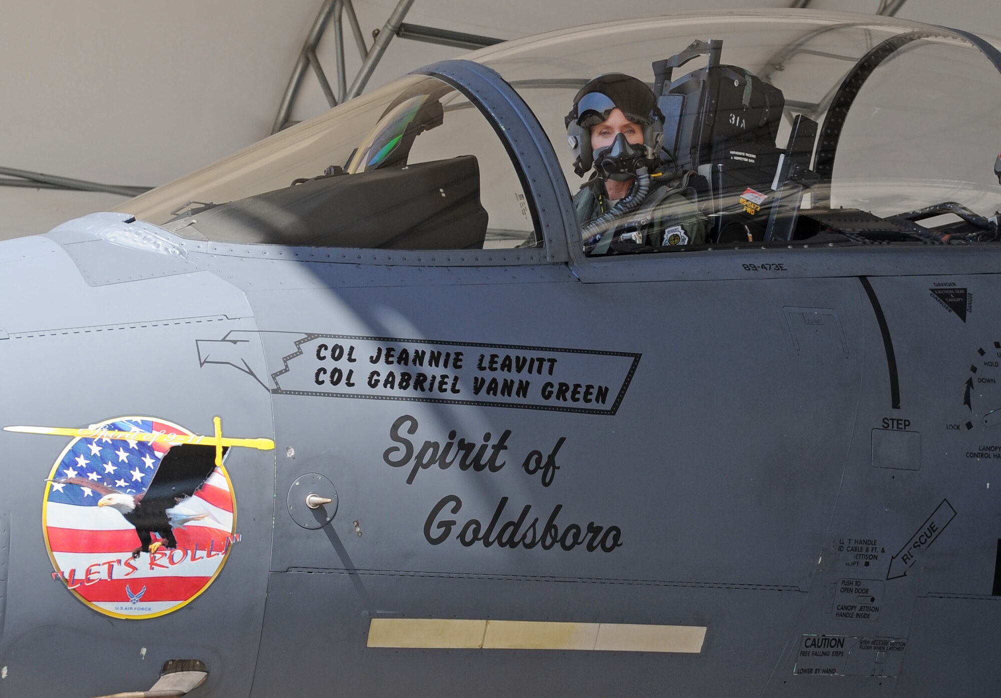 Col. Jeannie Leavitt in her F-15E Strike Eagle at Seymour Johnson Air Force Base, N.C. Leavitt, the first female fighter pilot, now commands the 4th Fighter Wing at Seymour Johnson. (Air Force photo courtesy 4th Fighter Wing Public Affairs)