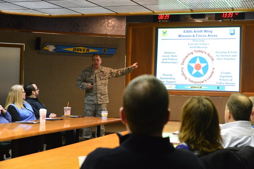 Honorary Commanders of the 436th and 512th Airlift Wing received a mission brief and Wing Staff Agency tour, Wednesday, Feb. 27, 2013, at Dover Air Force Base, Del. (U.S. Air Force photo/David S. Tucker)  
