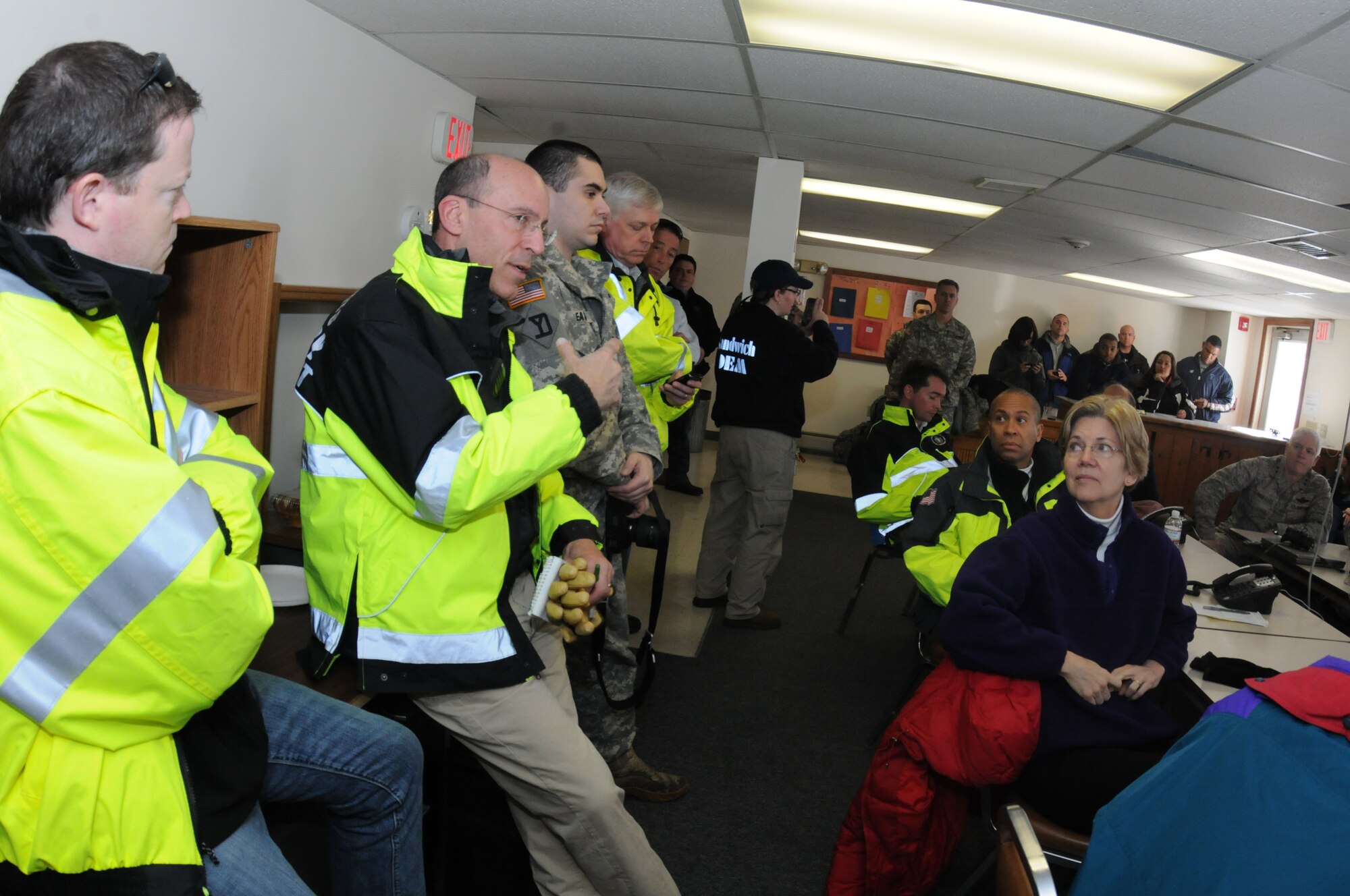Governor Duval Patrick visits the Sandwich Emergency Operations center the day after Winter Storm Nemo hit the area, 9 February. (National Guard photo by Tech. Sgt. Kerri Cole/Released)