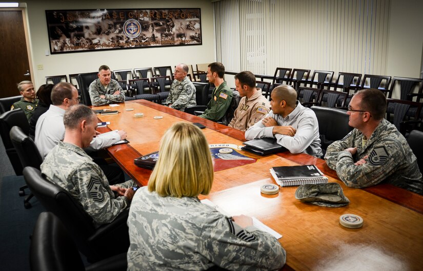 Joint Base Charleston leadership talk with brand new Master Resiliency Training Instructors, Feb. 22, 2013, at JB Charleston – Air Base, S.C. The MRTs provided feedback to leadership on the Master Resilience  Instructor Course at the U.S. Air Force Expeditionary Center at Joint Base McGuire-Dix-Lakehurst, N.J. MRT instructors serve as an integral element to provide trained and certified members as installation experts for Comprehensive Airman Fitness. (U.S. Air Force photo/ Staff Sgt. Anthony Hyatt) 