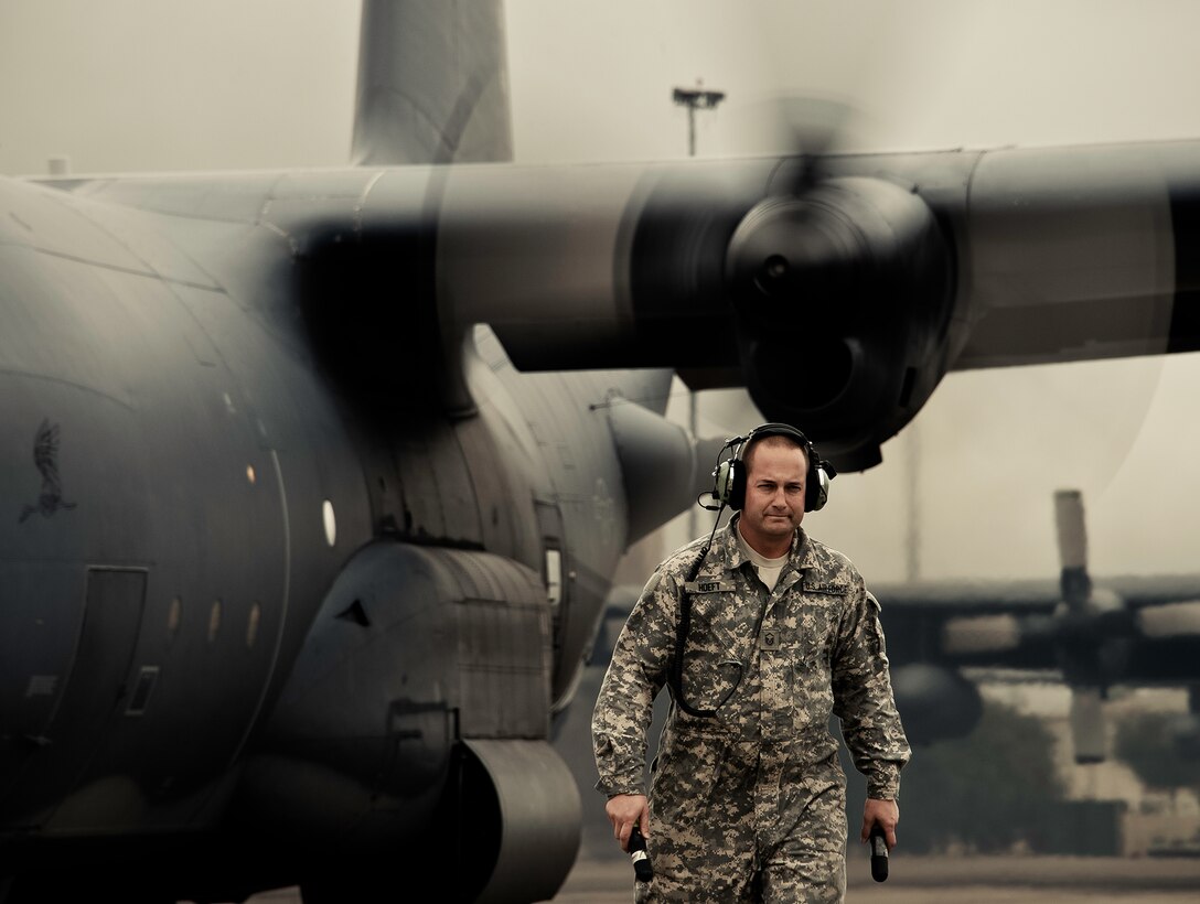 Master Sgt. Robert Hoeft, of the 919th Aircraft Maintenance Squadron, walks away from an MC-130E Combat Talon I prior to a sortie at Duke Field, Fla.  There are only five Talons left at the special operations reserve base.  The 919th has begun remissioning to the Aviation Foreign Internal Defense aircraft, the C-145 Skytruck.  (U.S. Air Force photo/Tech. Sgt. Samuel King Jr.)