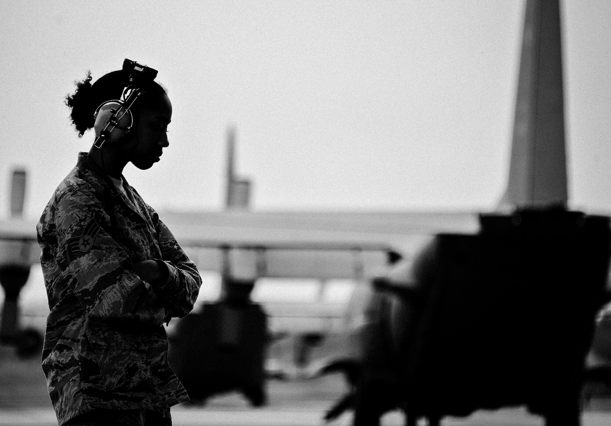 Senior Airman Alyson Hill, of the 919th Aircraft Maintenance Squadron, waits to begin preflight procedures on an MC-130E Combat Talon I at Duke Field, Fla.  There are only five Talons left at the special operations reserve base.  The 919th has begun remissioning to the Aviation Foreign Internal Defense aircraft, the C-145 Skytruck.  (U.S. Air Force photo/Tech. Sgt. Samuel King Jr.)