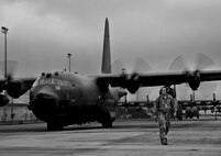 Master Sgt. Robert Hoeft, of the 919th Aircraft Maintenance Squadron, walks away from an MC-130E Combat Talon I prior to a sortie at Duke Field, Fla.  There are only five Talons left at the special operations reserve base.  The 919th has begun remissioning to the Aviation Foreign Internal Defense aircraft, the C-145 Skytruck.  (U.S. Air Force photo/Tech. Sgt. Samuel King Jr.)