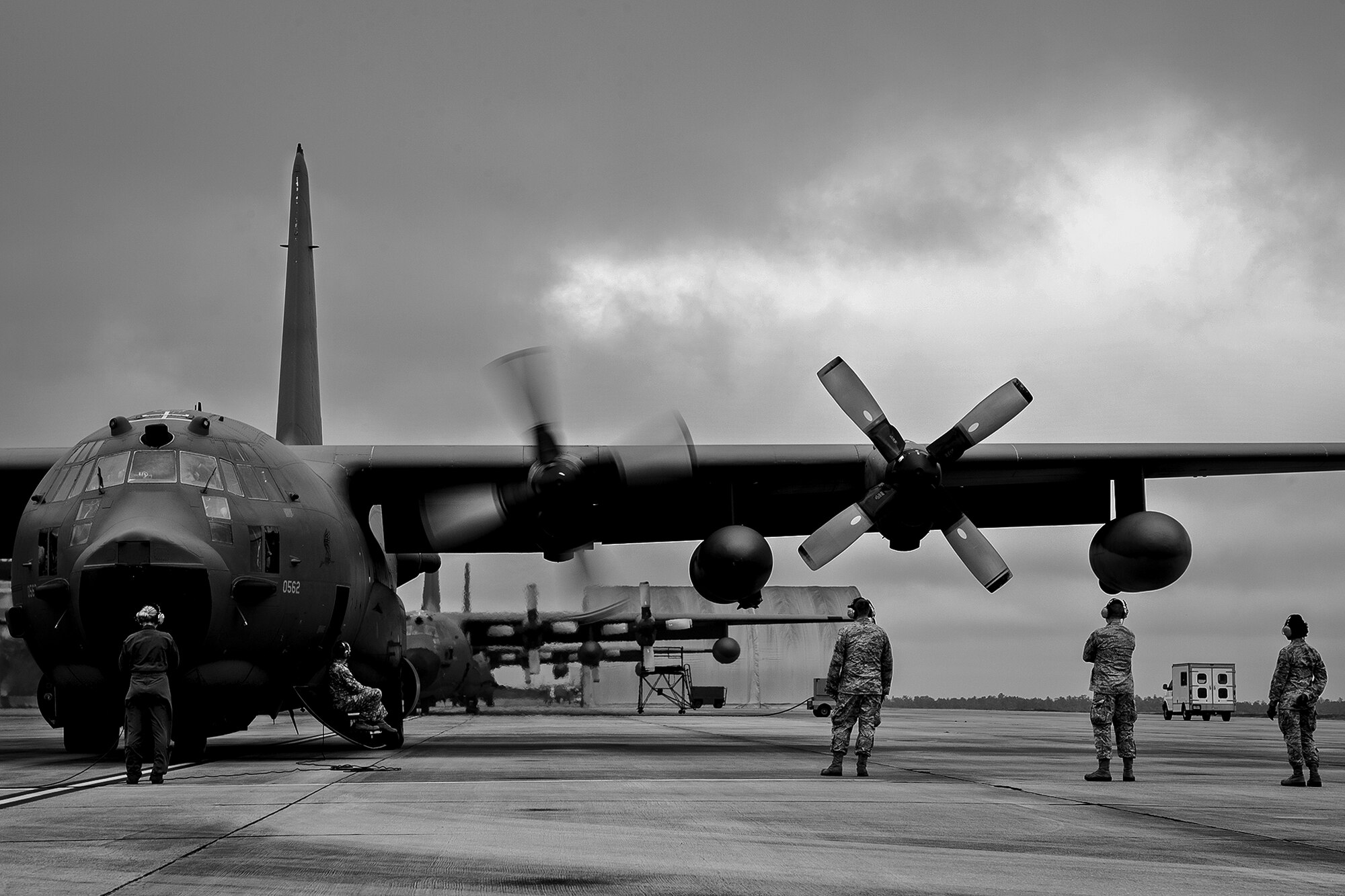 Reserve Airmen watch as an MC-130E Combat Talon I engine spins up during preflight procedures prior to a sortie at Duke Field, Fla.  There are only five Talons left at the special operations reserve base.  The 919th has begun remissioning to the Aviation Foreign Internal Defense aircraft, the C-145 Skytruck.  (U.S. Air Force photo/Tech. Sgt. Samuel King Jr.)