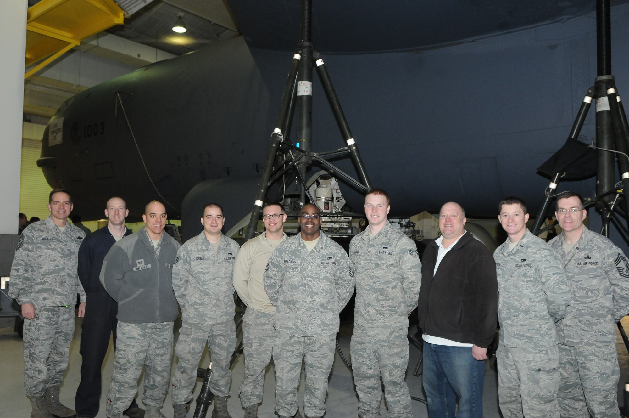MINOT AIR FORCE BASE, N.D. -- The 5th Maintenance Squadron's repair and reclamation section has 34 military and civilian technicians who support the 5th Operations Group and 5th Maintenance Group. The section has four areas of responsibility: repair and reclamation, crash damaged or disabled aircraft recovery, wheel and tire, and transient alert. The repair and reclamation section maintains flight control surfaces and systems, landing gear, actuated doors and associated equipment on Air Force Global Strike Command's B-52H Stratofortress fleet. The technicians attend specialized training to maintain their systems. Crash damaged or disabled aircraft recovery is responsible to removing and recovering damaged or disabled aircraft as a result of in-flight or ground mishaps. They maintain specialized equipment such as hoists, lifting bags and vehicles to facilitate aircraft recovery. Wheel and tire manages build-up, repair and storage of fleet wheel and tires assemblies. Transient alert is responsible for launch, recovery and servicing of aircraft transiting through Minot AFB. (Photo courtesy of the Command Chief's Office)