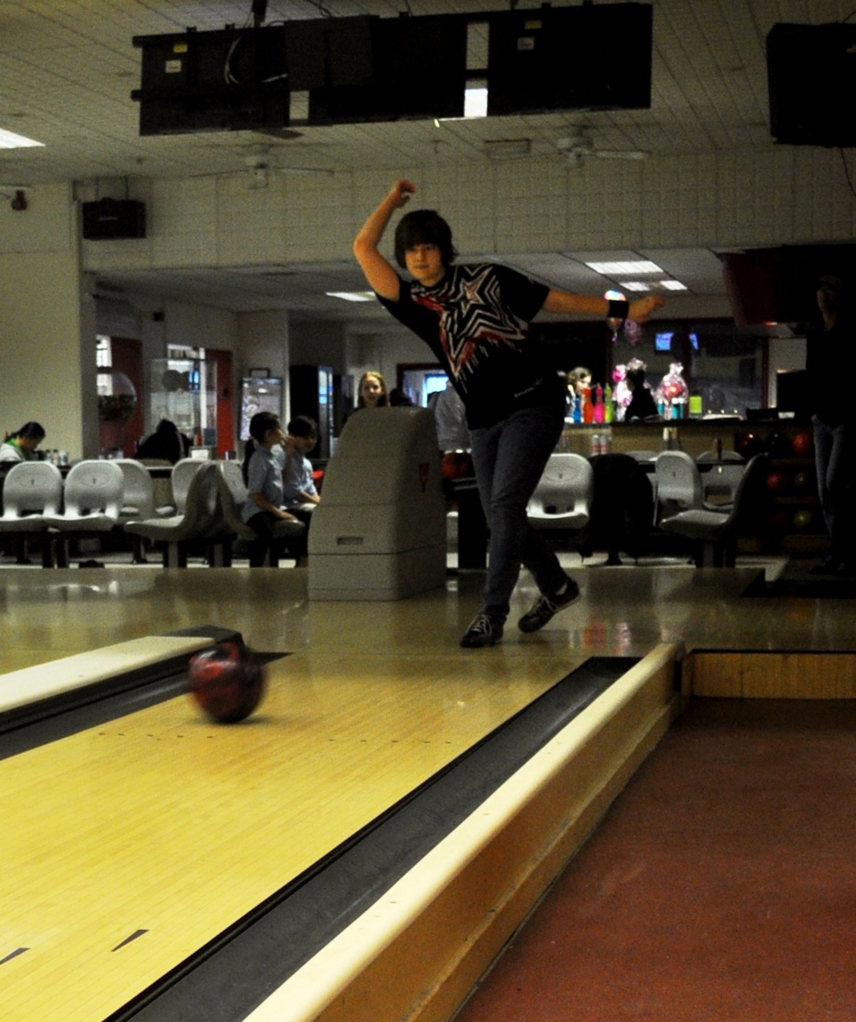 ROYAL AIR FORCE LAKENHEATH, England -- Caitlin Thompson, age 14, bowls during the 2013 Pepsi United States Bowling Congress Youth European Zone U.K. Regional Finals at Liberty Lanes Feb. 9 and 10. Thompson will be participating in the European Finals bowling scholarship tournament,  March 16-17 in Germany. (Courtesy photo) 

