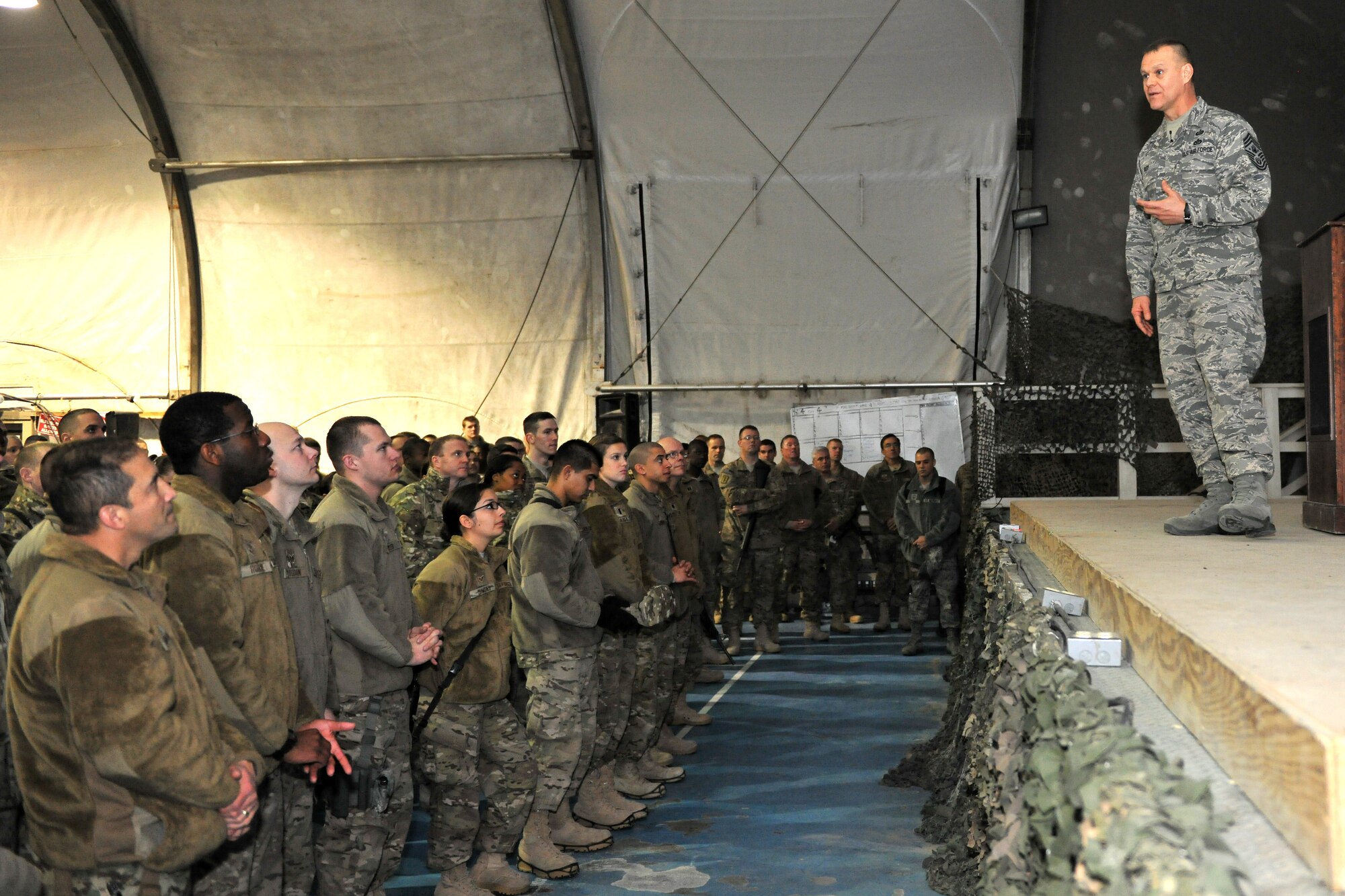 BAGRAM AIRFIELD, Afghanistan -- Chief Master Sgt. of the Air Force James Roy speaks to servicemembers at here Dec. 29, 2012. Roy and Secretary of the Air Force Michael Donley visited BAF to emphasize the critical nature of the Airmen's mission in Afghanistan and took questions from the audience on current matters affecting the Air Force. (U.S. Air Force photo/Senior Airman Chris Willis)