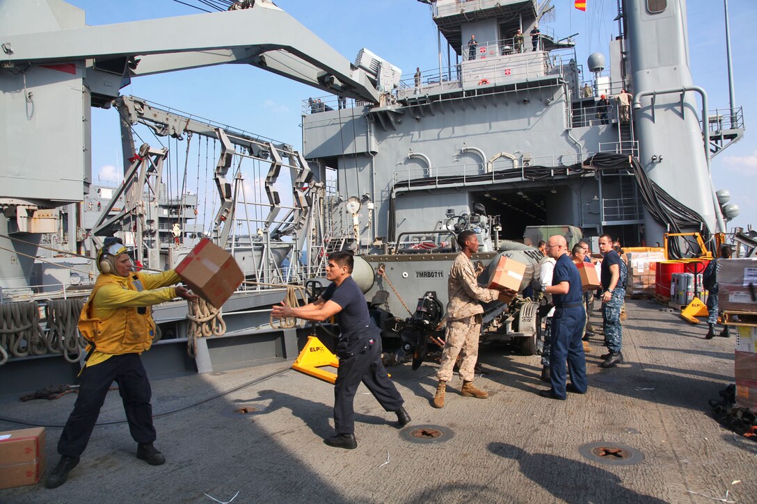 USS RUSHMORE (Dec. 5, 2012) Marines and sailors aboard the USS Rushmore conduct a replenishment-at-sea, Dec. 5. The 15th Marine Expeditionary Unit is deployed as part of the Peleliu Amphibious Ready Group as a U.S. Central Command theater reserve force, providing support for maritime security operations and theater security cooperation efforts in the U.S. 5th Fleet area of responsibility. 